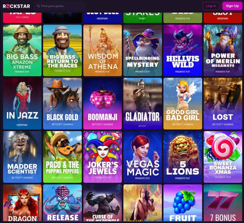 Rockstar Casino desktop slots screenshot showing slot game categories, featured titles and filtering options - tested