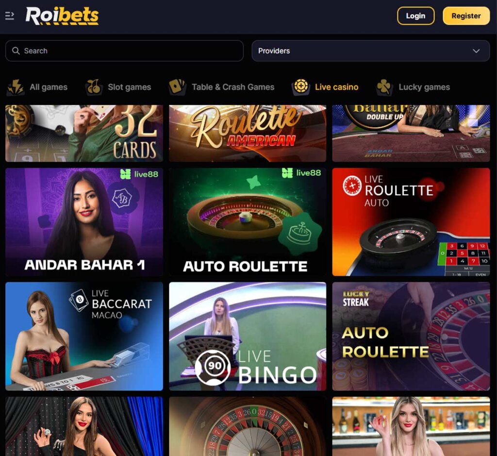 RoiBets Casino desktop live casino screenshot showing real-dealer tables including roulette, blackjack and baccarat with lobby navigation - tested
