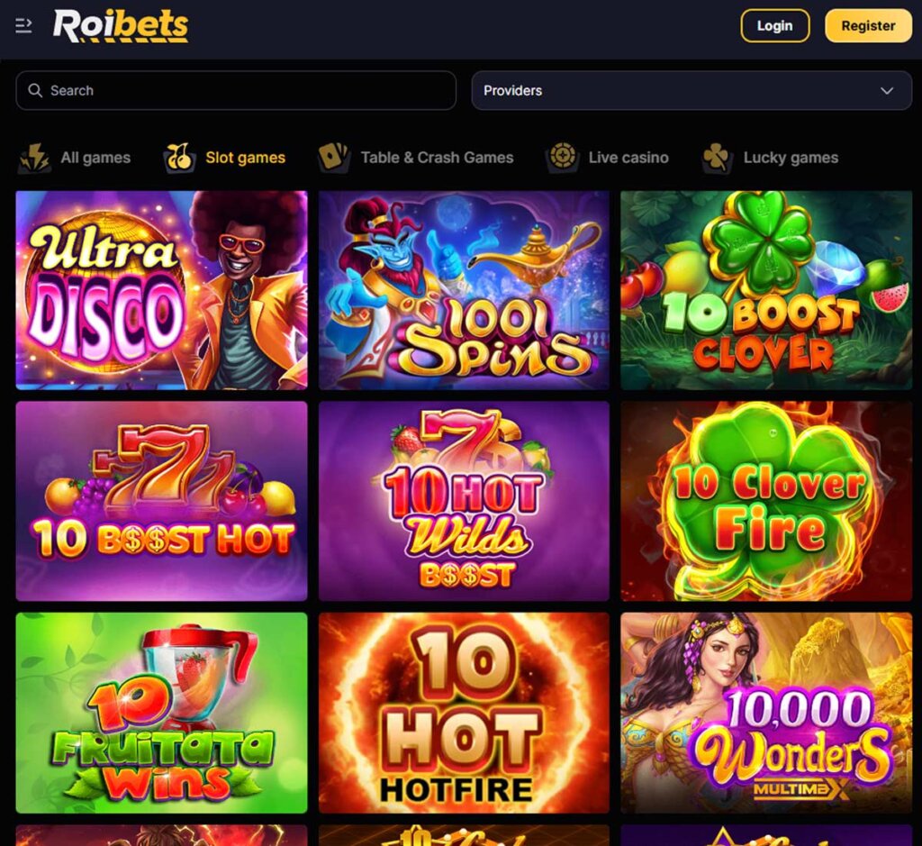 RoiBets Casino desktop slots screenshot showing slot game categories, featured titles and filtering options - tested