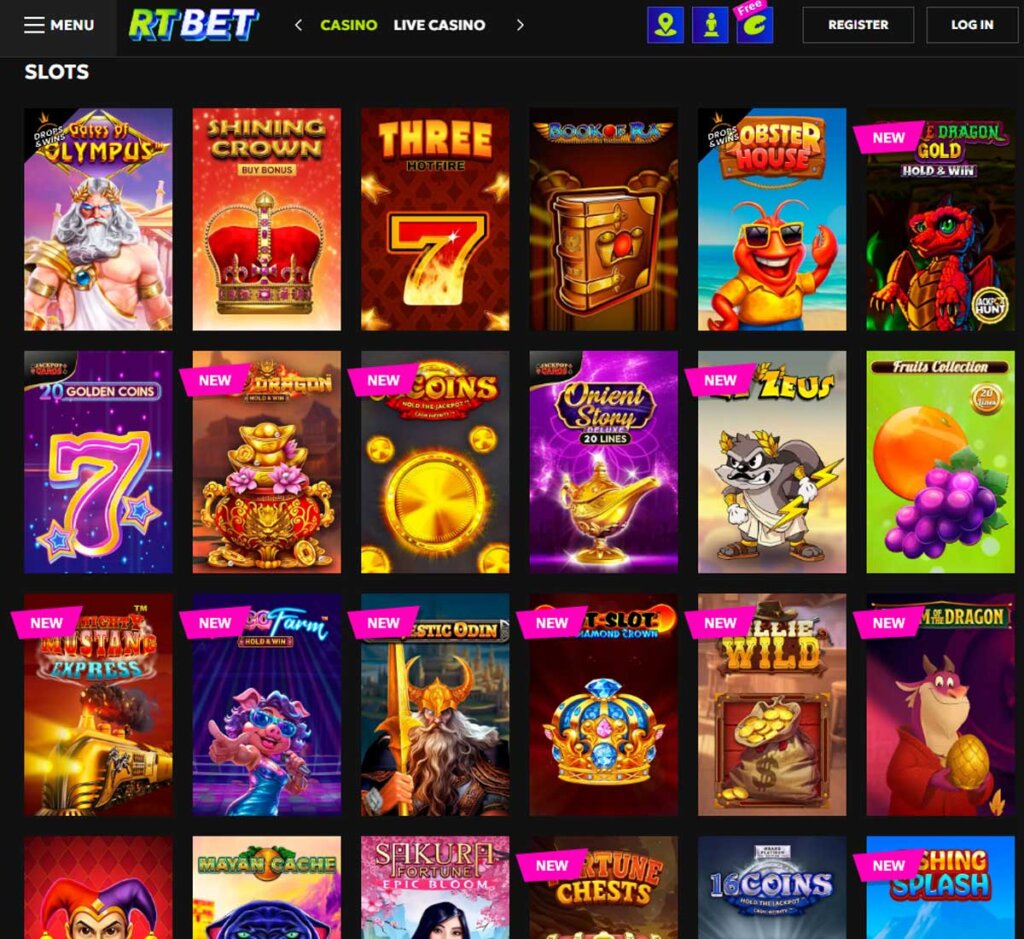 Rtbet Casino desktop slots screenshot showing slot game categories, featured titles and filtering options - tested
