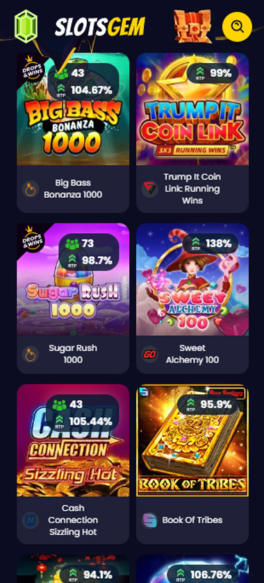Slotsgem Casino mobile slots screenshot showing slot game categories, featured titles and navigation on smartphone interface   tested