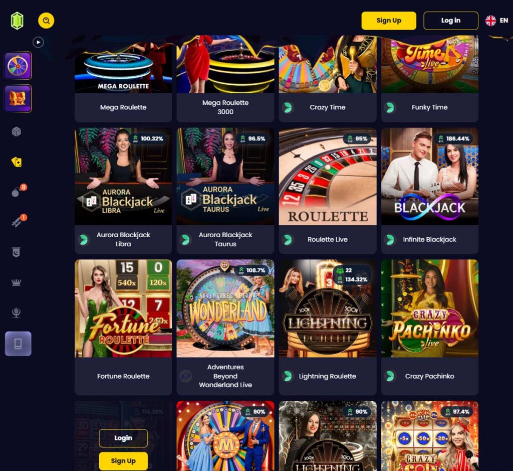 Slotsgem Casino desktop live casino screenshot showing real-dealer tables including roulette, blackjack and baccarat with lobby navigation - tested