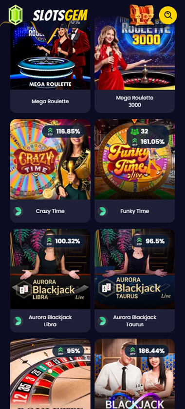 Slotsgem Casino mobile live casino screenshot showing real dealer tables including roulette, blackjack and baccarat on smartphone interface   tested