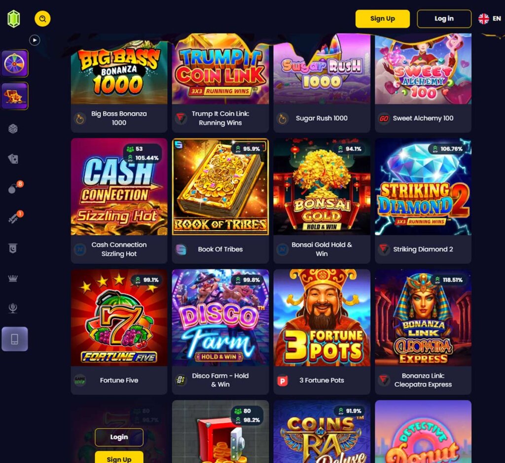 Slotsgem Casino desktop slots screenshot showing slot game categories, featured titles and filtering options - tested