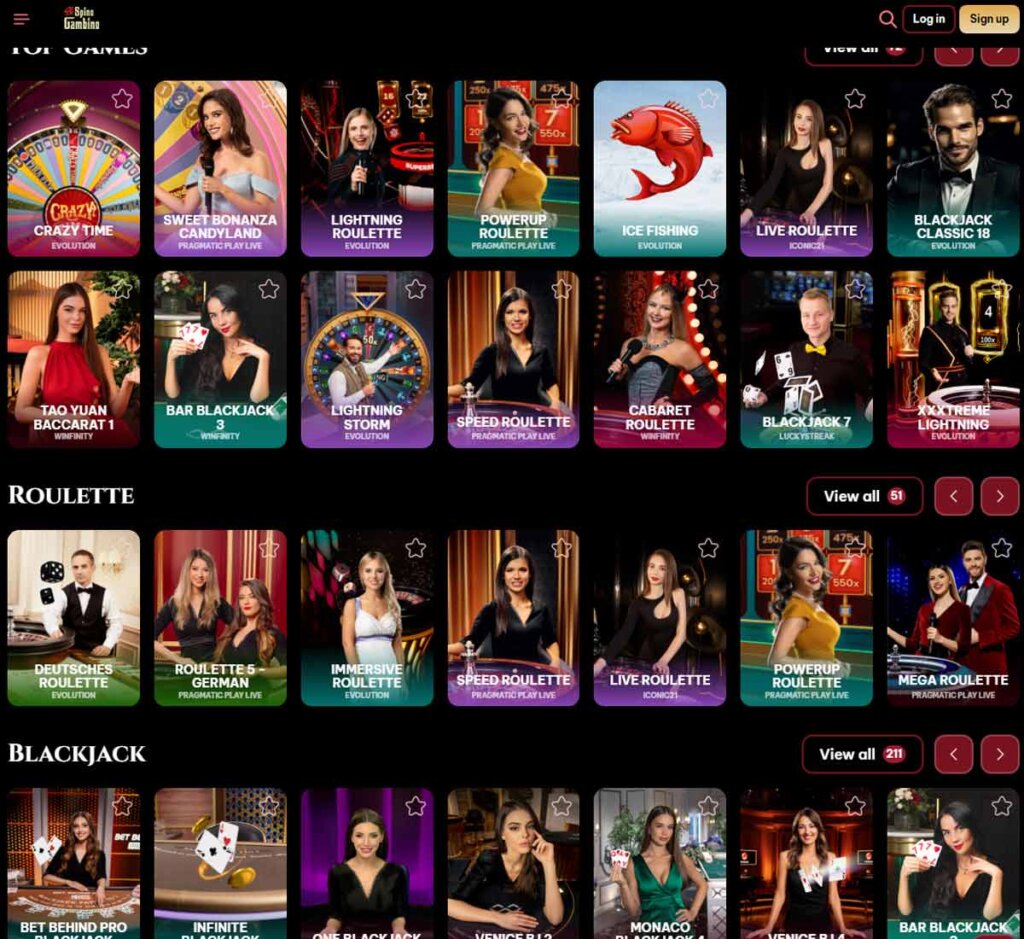 Spinogambino Casino desktop live casino screenshot showing real-dealer tables including roulette, blackjack and baccarat with lobby navigation - tested