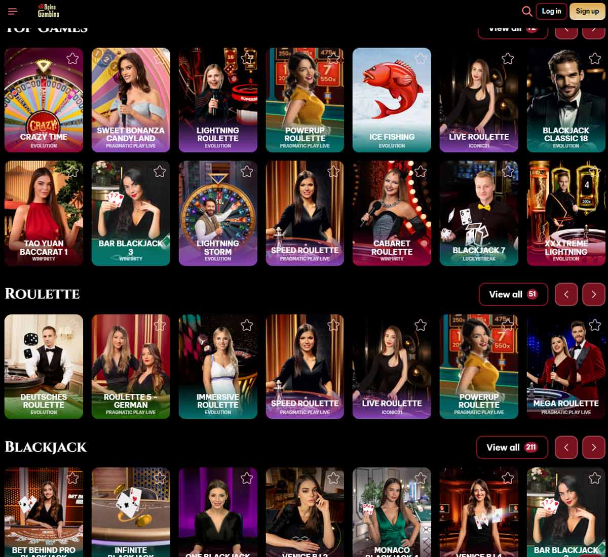 Spinogambino Casino desktop live casino screenshot showing real dealer tables including roulette, blackjack and baccarat with lobby navigation   tested