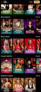 Spinogambino Casino mobile live casino screenshot showing real-dealer tables including roulette, blackjack and baccarat on smartphone interface - tested