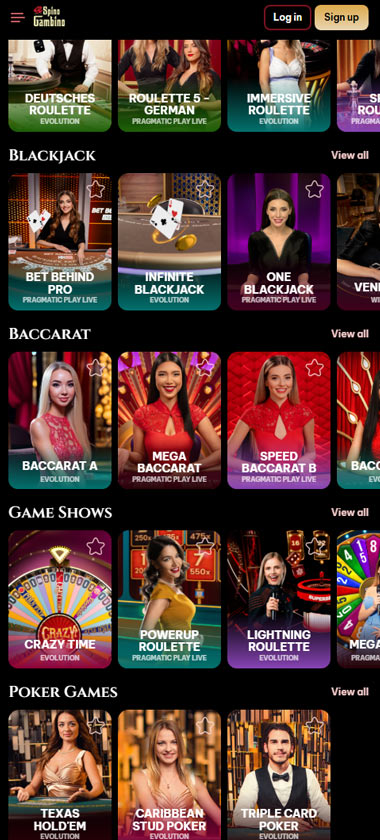 Spinogambino Casino mobile live casino screenshot showing real dealer tables including roulette, blackjack and baccarat on smartphone interface   tested