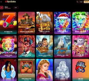 Spinogambino Casino desktop slots screenshot showing slot game categories, featured titles and filtering options - tested