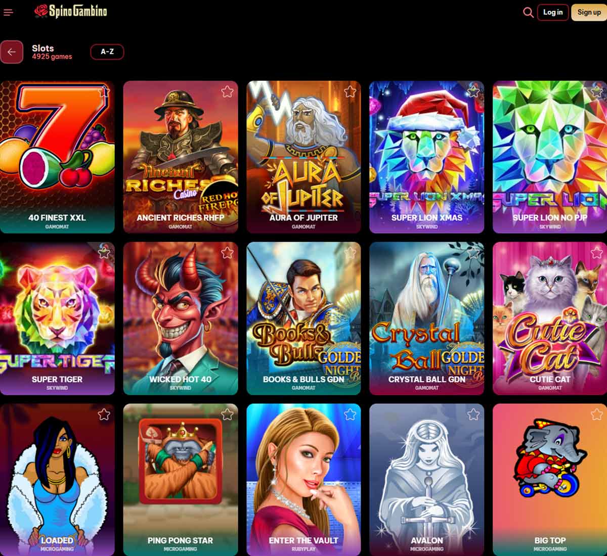 Spinogambino Casino desktop slots screenshot showing slot game categories, featured titles and filtering options   tested