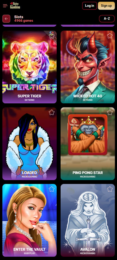 Spinogambino Casino mobile slots screenshot showing slot game categories, featured titles and navigation on smartphone interface   tested