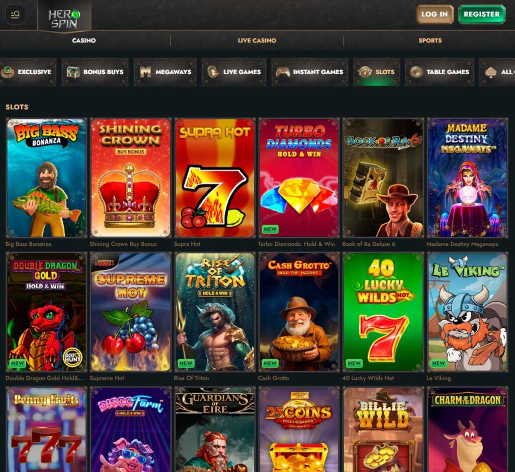 Hero Spin Casino desktop slots screenshot showing slot game categories, featured titles and filtering options - tested