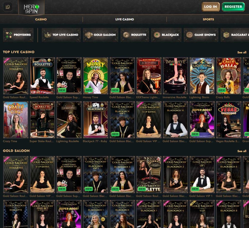 Hero Spin Casino desktop live casino screenshot showing real-dealer tables including roulette, blackjack and baccarat with lobby navigation - tested