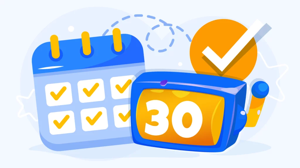 Calendar showing 30 free spins released as 6 spins per day over 5 days with daily login required, plus warning about claiming at multiple casinos causing account flags