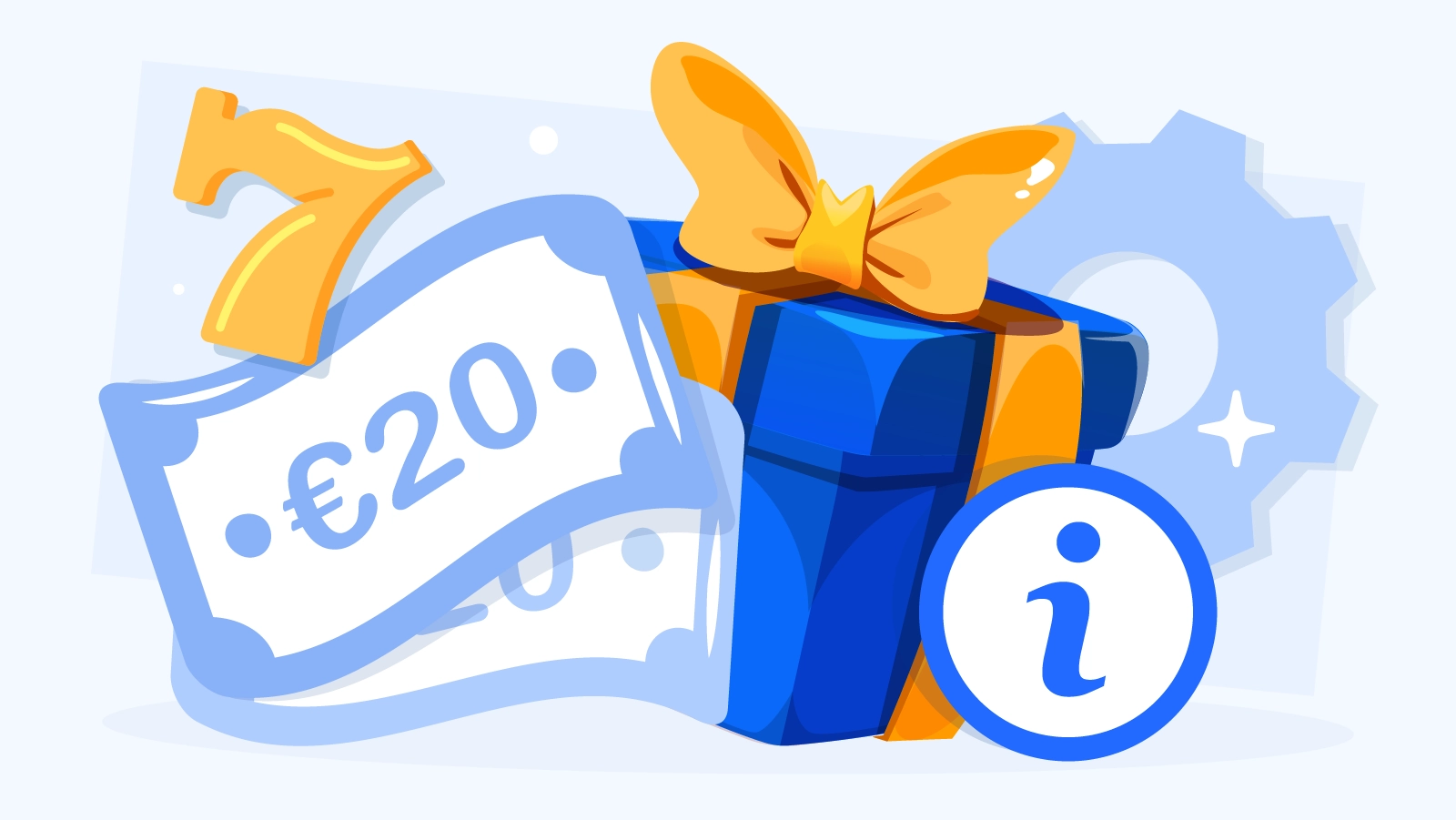 Infographic explaining €20 no deposit casino bonus in Ireland showing €20 cash credit and 100 free spins at €0.20 per spin with casino chips and euro symbols