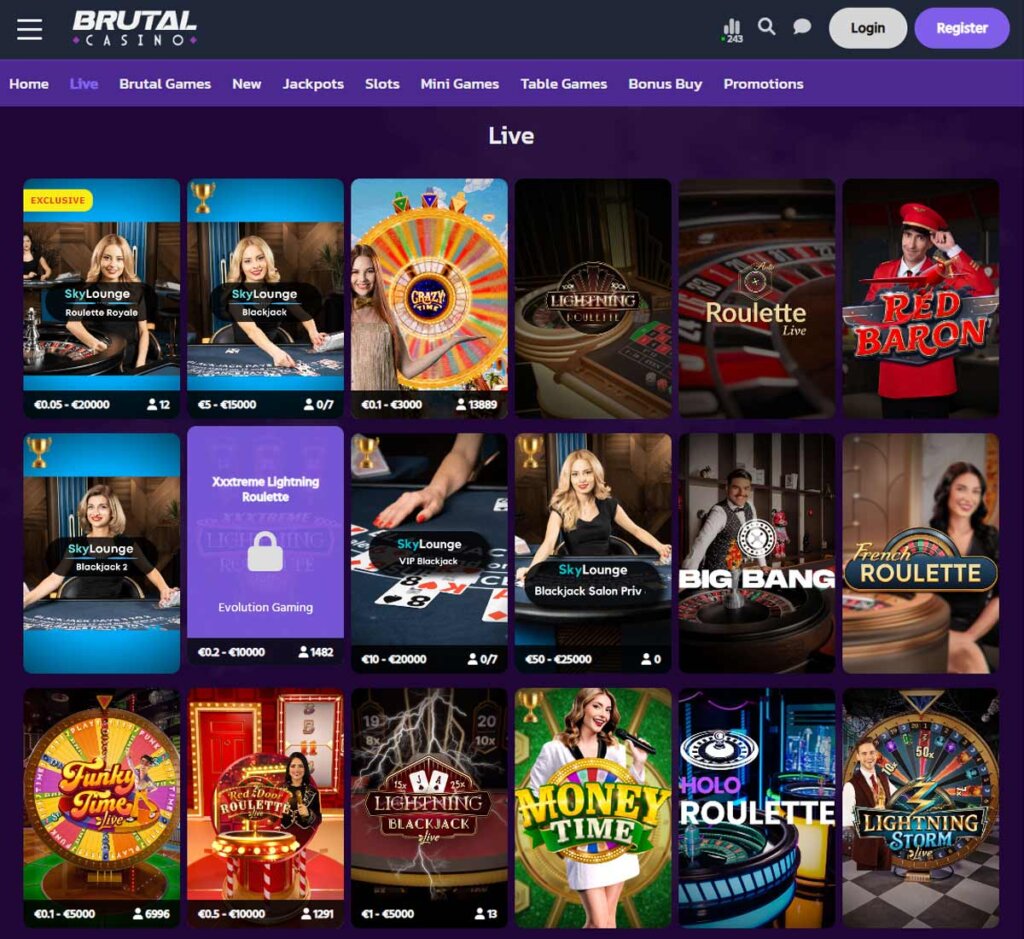 Brutal Casino desktop live casino screenshot showing real-dealer tables including roulette, blackjack and baccarat with lobby navigation - tested