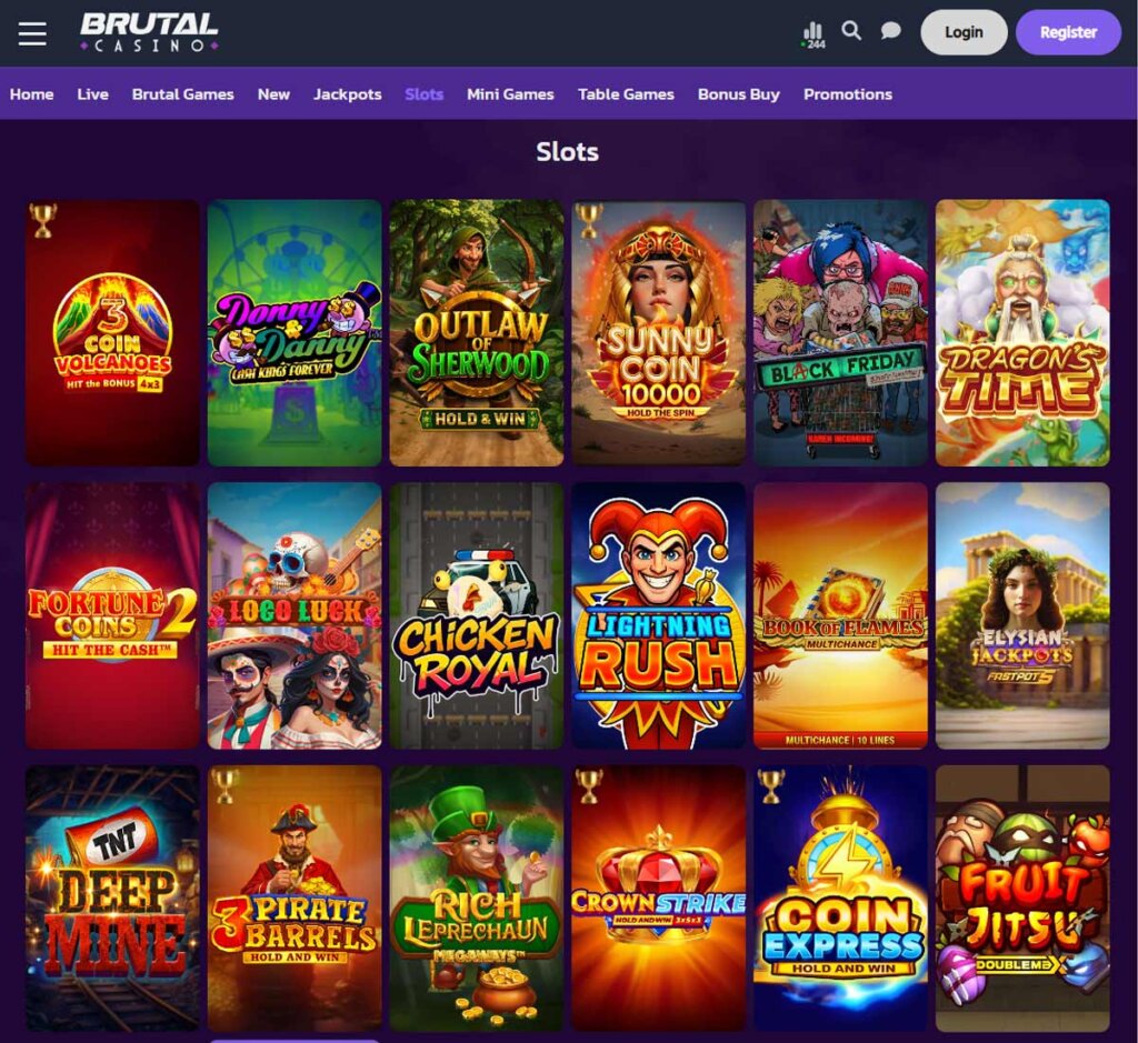 Brutal Casino desktop slots screenshot showing slot game categories, featured titles and filtering options - tested