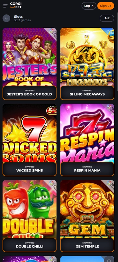 CorgiBet Casino mobile slots screenshot showing slot game categories, featured titles and navigation on smartphone interface   tested