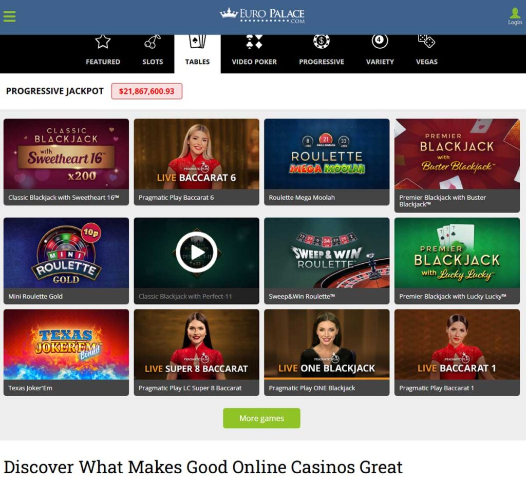 Europalace Casino desktop table games screenshot showing classic casino games including blackjack, roulette and baccarat with lobby layout - tested