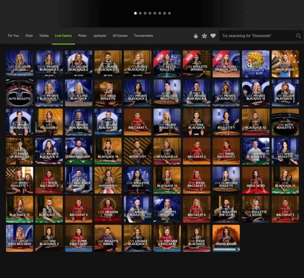 Gaming Club Casino desktop live casino screenshot showing real-dealer tables including roulette, blackjack and baccarat with lobby navigation - tested