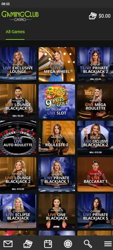 Gaming Club Casino mobile live casino screenshot showing real-dealer tables including roulette, blackjack and baccarat on smartphone interface - tested