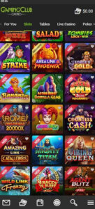 Gaming Club Casino mobile slots screenshot showing slot game categories, featured titles and navigation on smartphone interface - tested