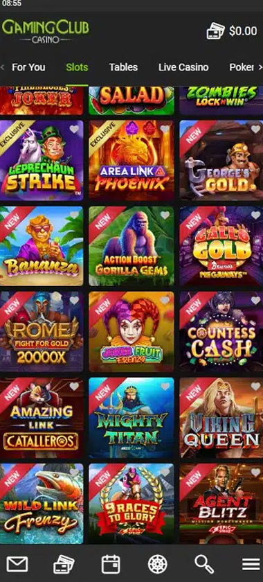 Gaming Club Casino mobile slots screenshot showing slot game categories, featured titles and navigation on smartphone interface - tested