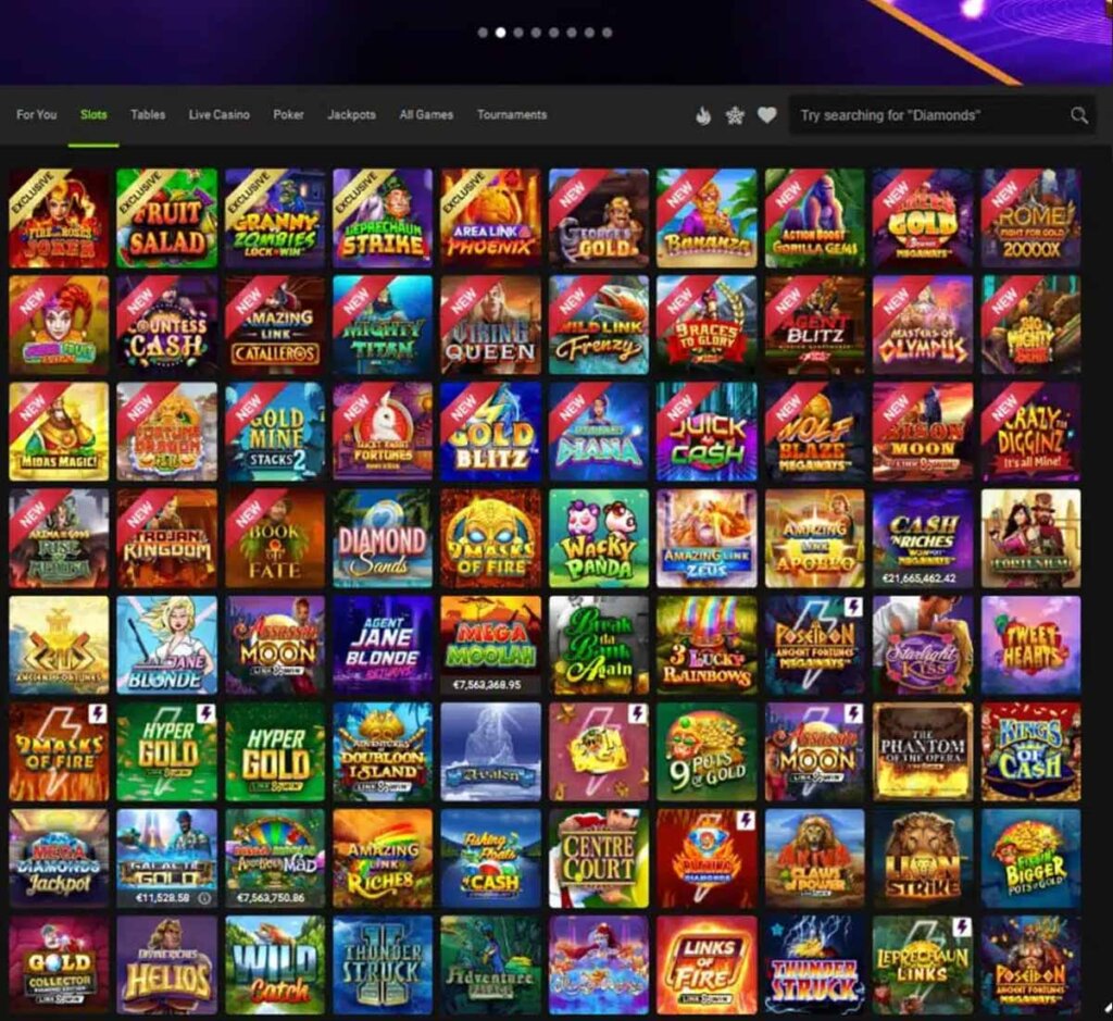 Gaming Club Casino desktop slots screenshot showing slot game categories, featured titles and filtering options - tested