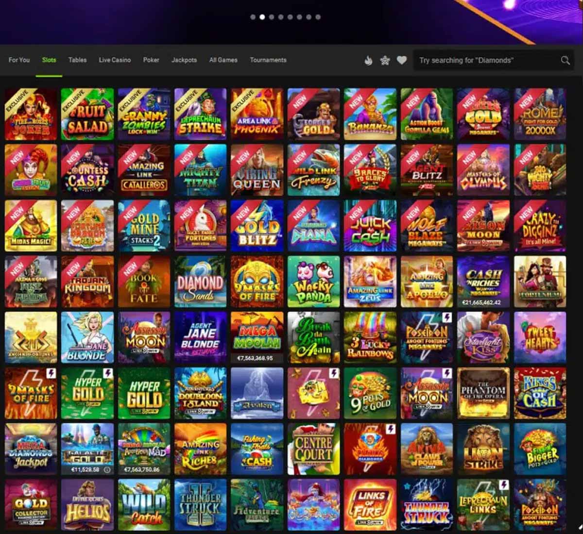 Gaming Club Casino desktop slots screenshot showing slot game categories, featured titles and filtering options   tested
