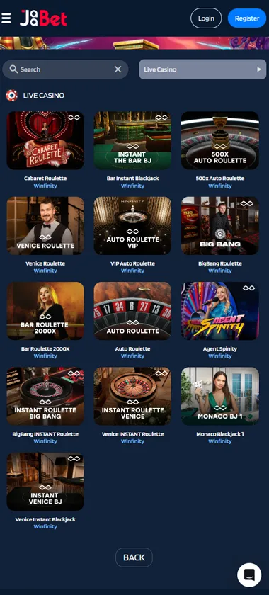 Jaabet Casino mobile live casino screenshot showing real dealer tables including roulette, blackjack and baccarat on smartphone interface   tested