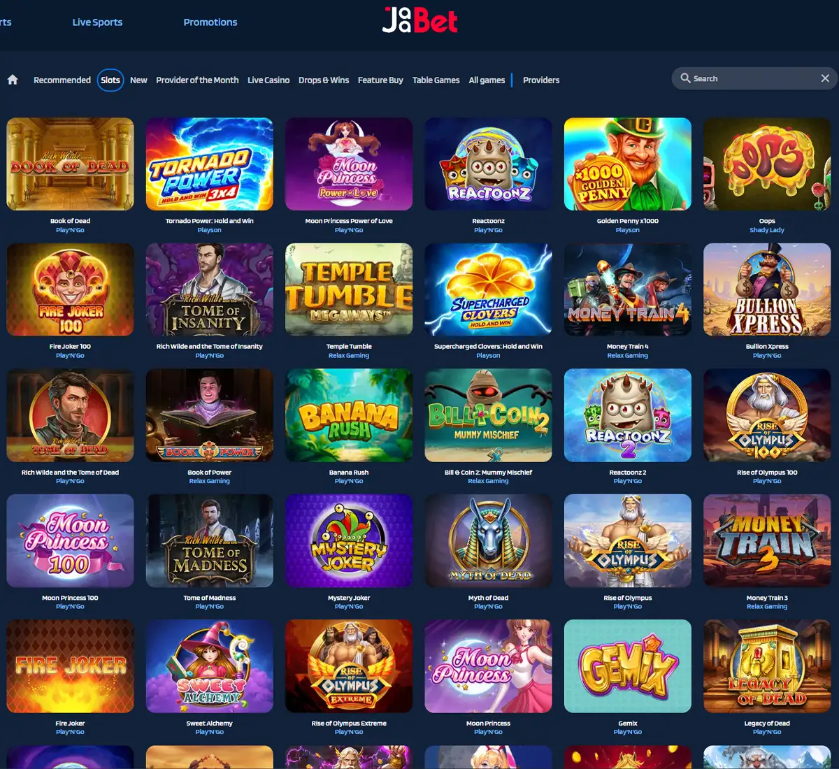 Jaabet Casino desktop slots screenshot showing slot game categories, featured titles and filtering options   tested