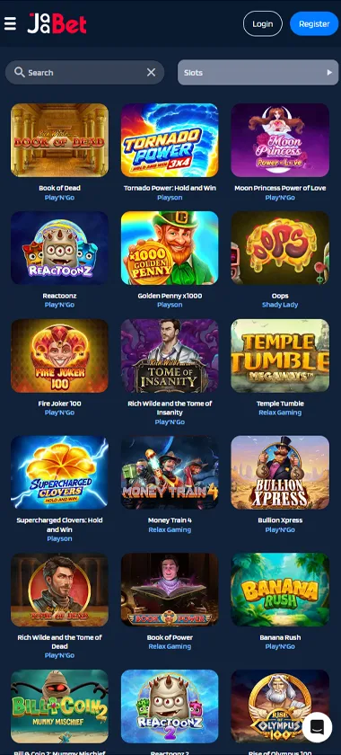 Jaabet Casino mobile slots screenshot showing slot game categories, featured titles and navigation on smartphone interface   tested