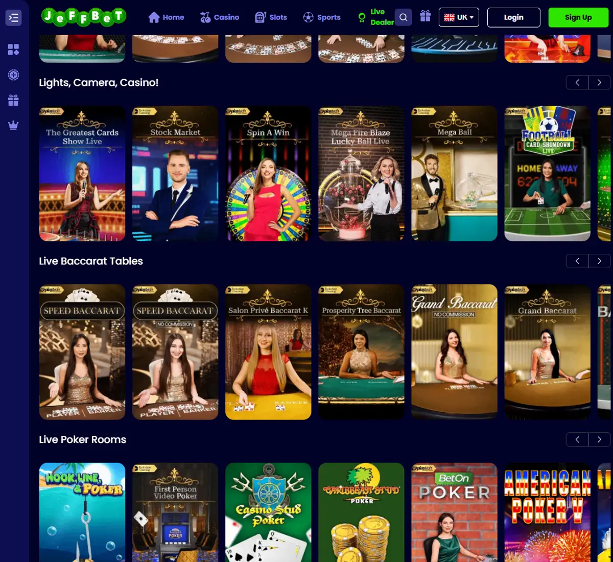 Jeffbet Casino desktop live casino screenshot showing real dealer tables including roulette, blackjack and baccarat with lobby navigation   tested