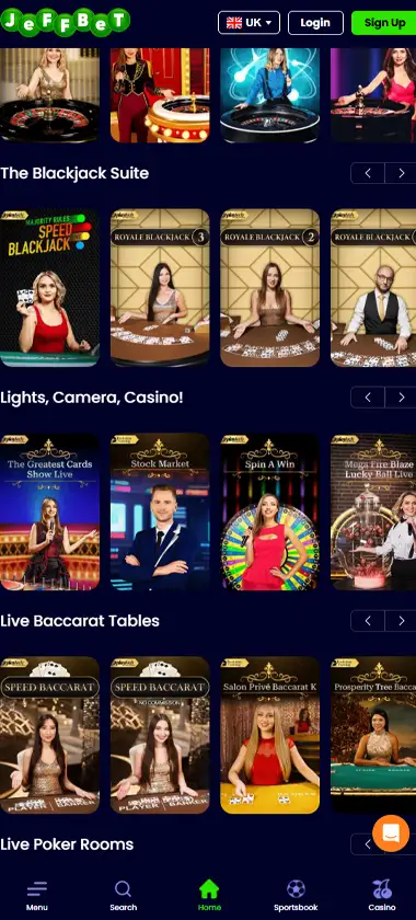 Jeffbet Casino mobile live casino screenshot showing real dealer tables including roulette, blackjack and baccarat on smartphone interface   tested