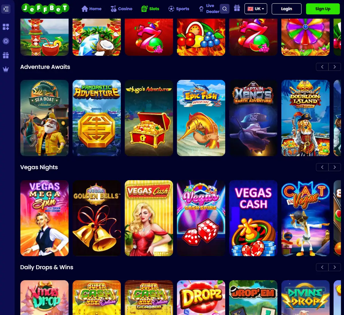 Jeffbet Casino desktop slots screenshot showing slot game categories, featured titles and filtering options   tested