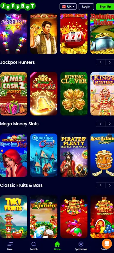 Jeffbet Casino mobile slots screenshot showing slot game categories, featured titles and navigation on smartphone interface   tested