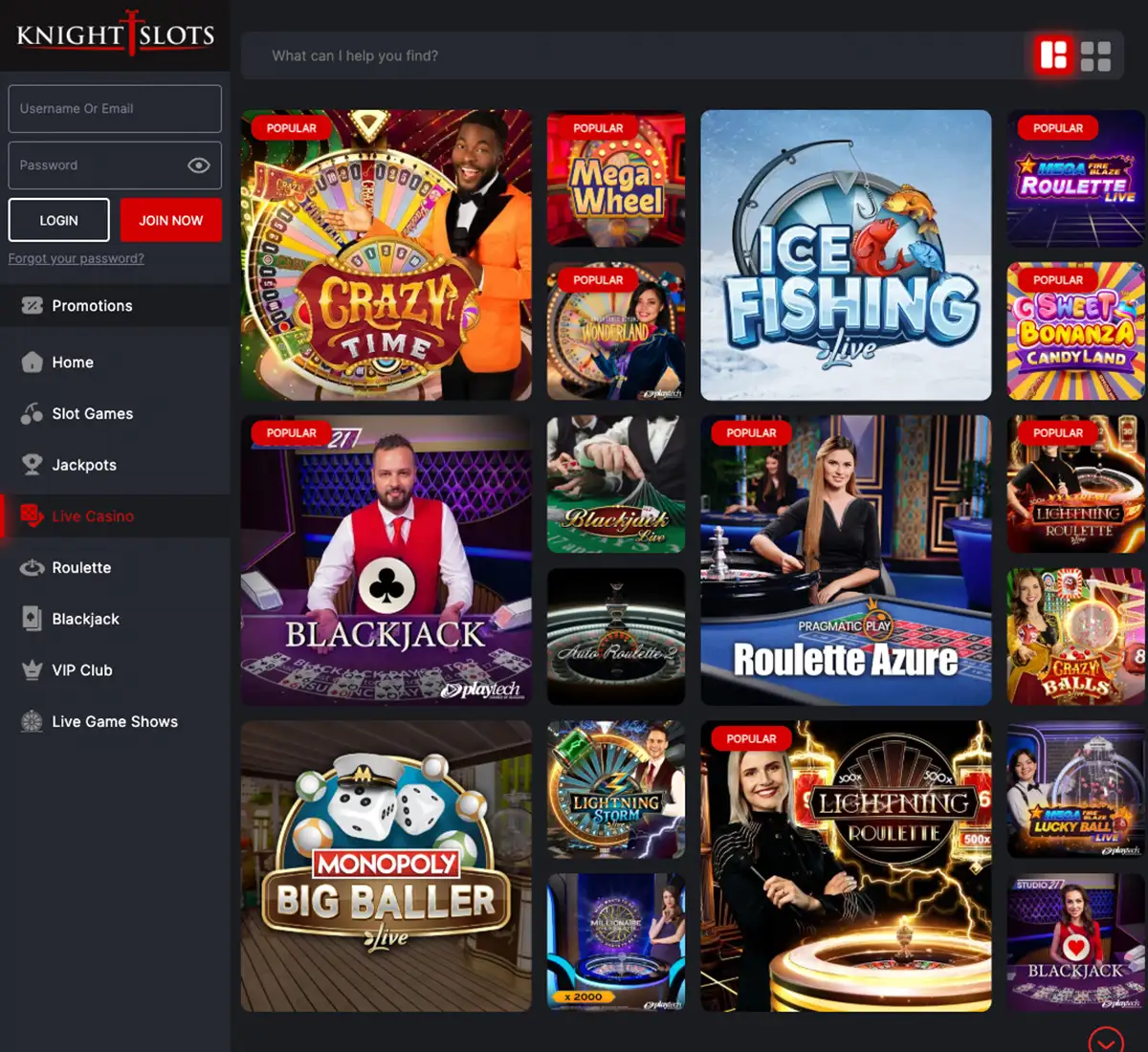 Knightslots Casino desktop live casino screenshot showing real dealer tables including roulette, blackjack and baccarat on smartphone interface   tested