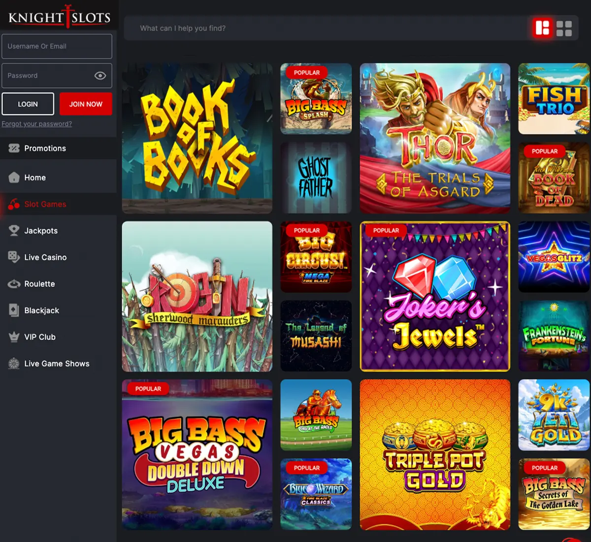 Knightslots Casino desktop slots screenshot showing slot game categories, featured titles and filtering options   tested