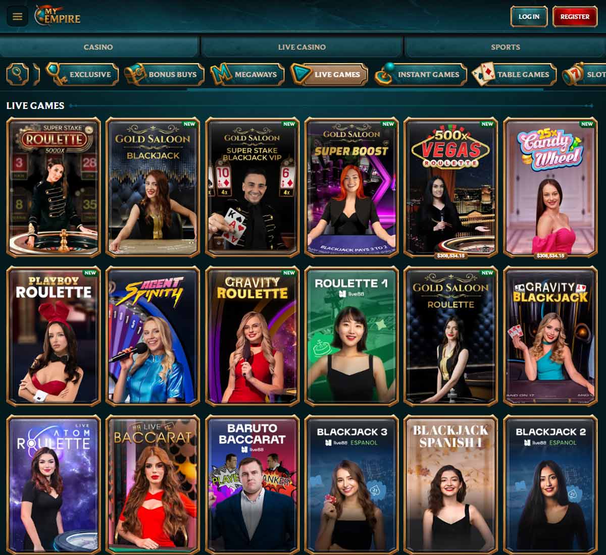 MyEmpire Casino desktop live casino screenshot showing real dealer tables including roulette, blackjack and baccarat with lobby navigation   tested