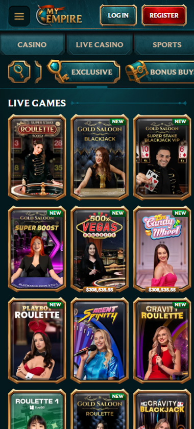 MyEmpire Casino mobile live casino screenshot showing real dealer tables including roulette, blackjack and baccarat on smartphone interface   tested