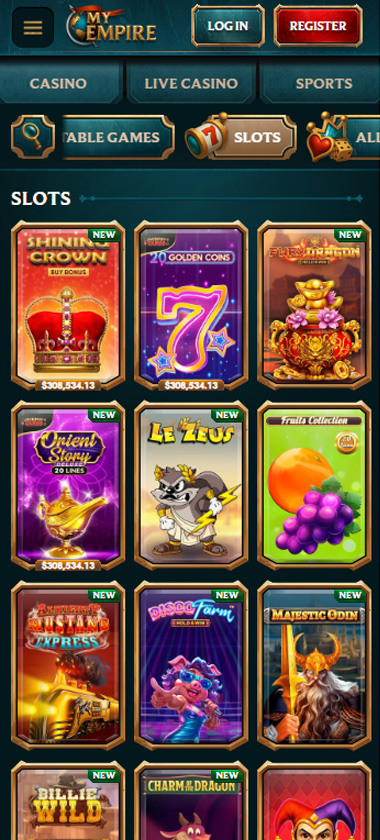 MyEmpire Casino mobile slots screenshot showing slot game categories, featured titles and navigation on smartphone interface   tested