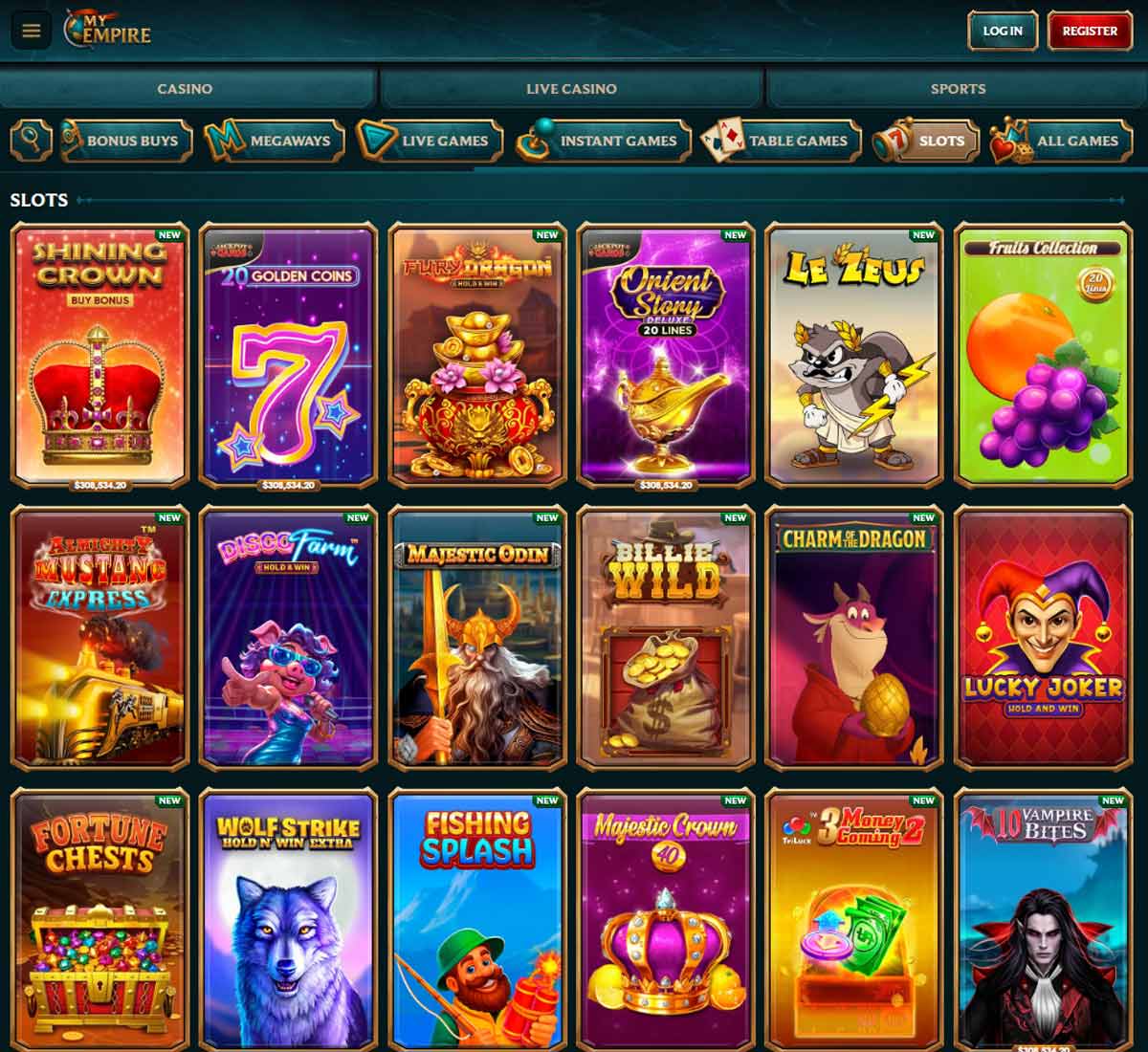 MyEmpire Casino desktop slots screenshot showing slot game categories, featured titles and filtering options   tested