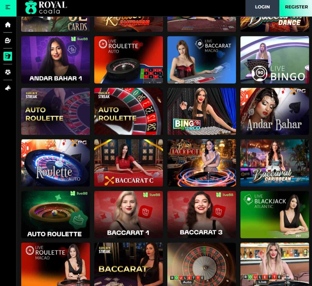 Royalcoala18 Casino desktop live casino screenshot showing real-dealer tables including roulette, blackjack and baccarat with lobby navigation - tested