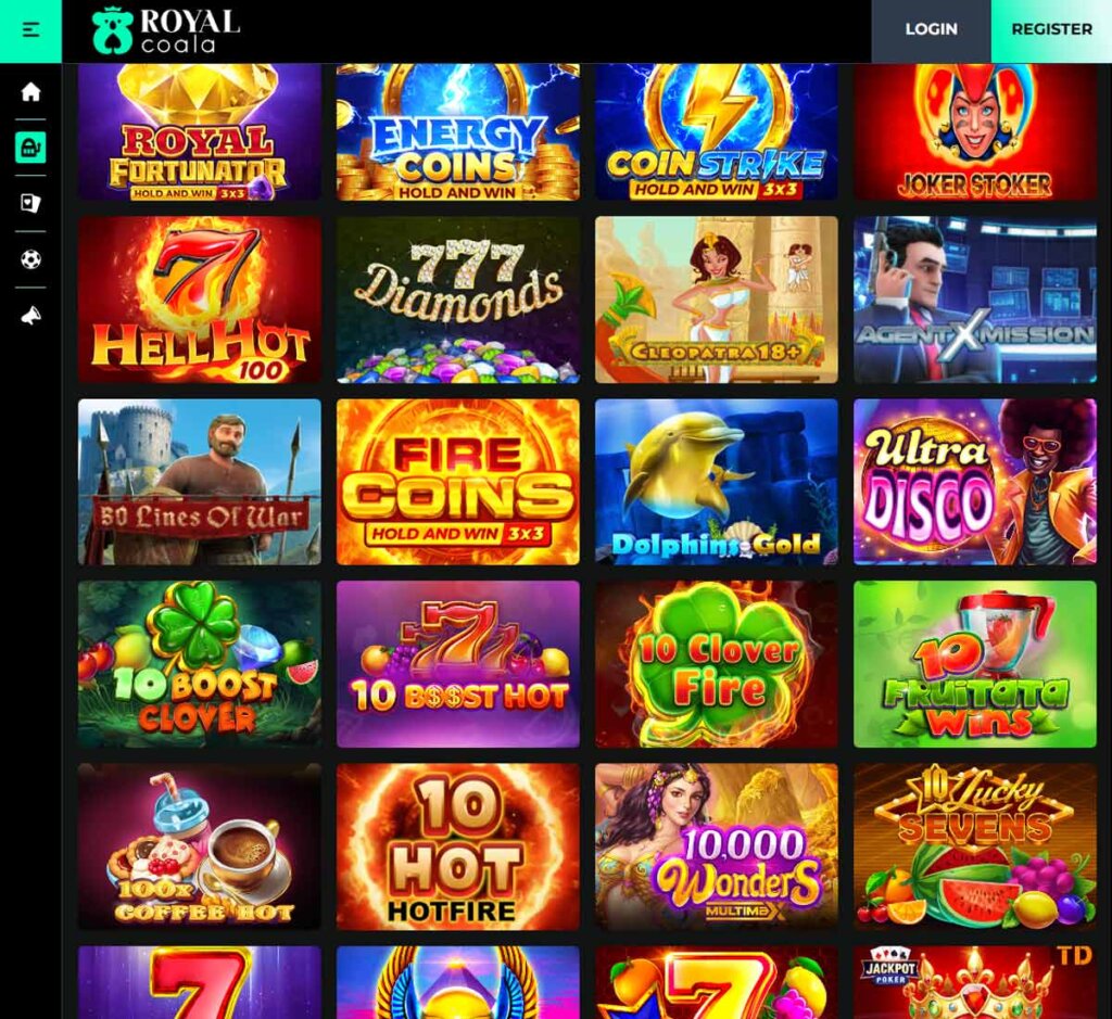 Royalcoala18 Casino desktop slots screenshot showing slot game categories, featured titles and filtering options - tested