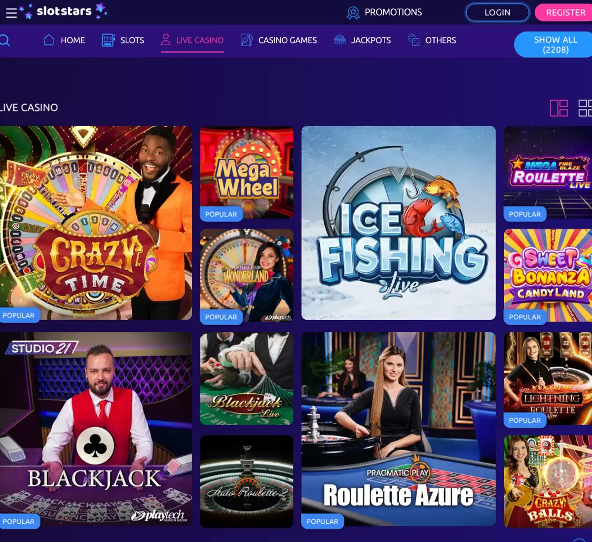 Slotstars Casino desktop live casino screenshot showing real dealer tables including roulette, blackjack and baccarat on smartphone interface   tested