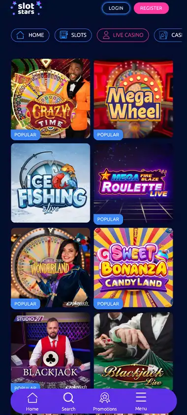 Slotstars Casino mobile live casino screenshot showing real dealer tables including roulette, blackjack and baccarat on smartphone interface   tested