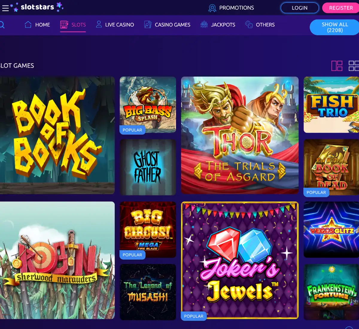 Slotstars Casino desktop slots screenshot showing slot game categories, featured titles and filtering options   tested