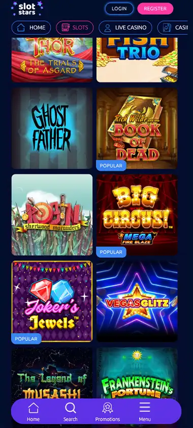 Slotstars Casino mobile slots screenshot showing slot game categories, featured titles and navigation on smartphone interface   tested