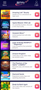 Spingalaxy Casino mobile homepage screenshot showing navigation menu, featured bingo rooms and promotions on smartphone interface - tested