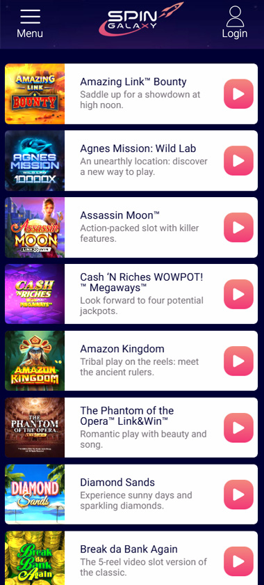 Spingalaxy Casino mobile homepage screenshot showing navigation menu, featured bingo rooms and promotions on smartphone interface   tested